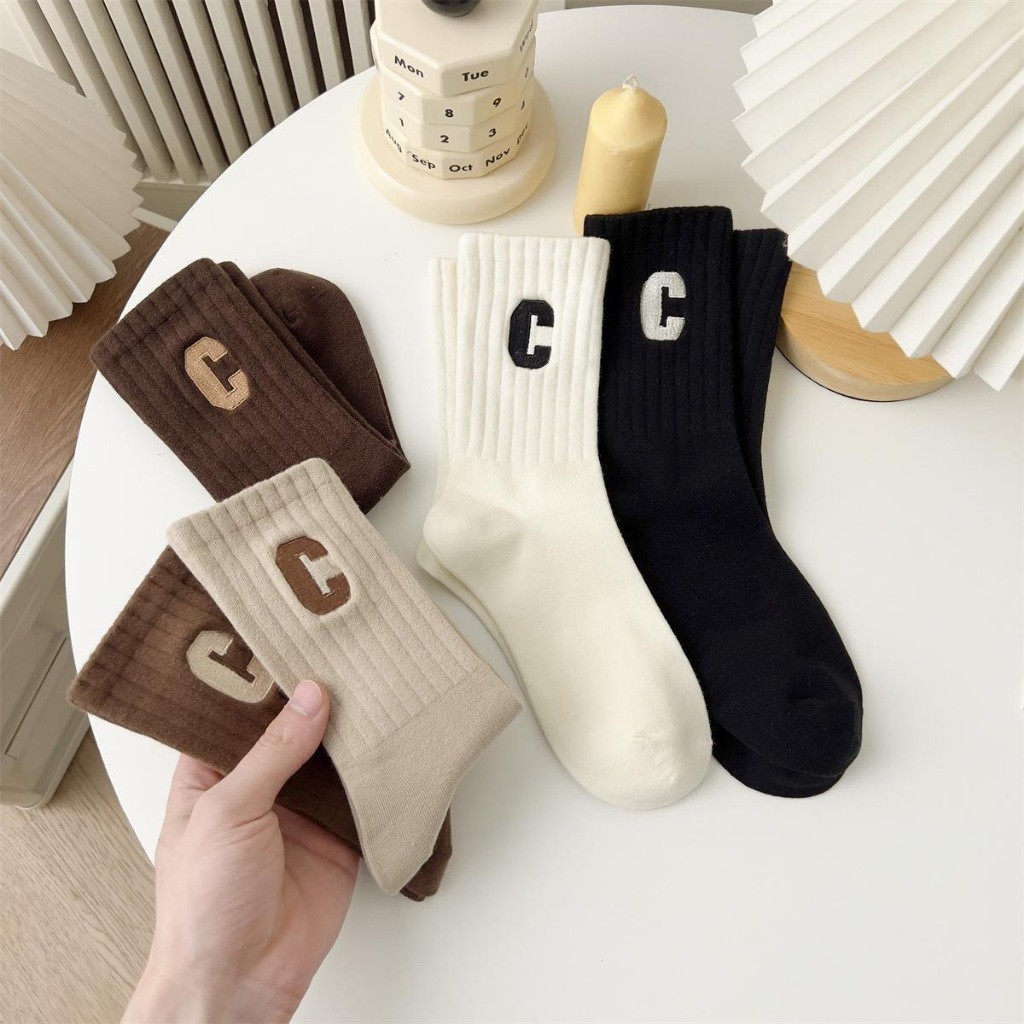 Set 10 Đôi Tất Cao Cổ Tông Nâu Họa Tiết Chữ C Siêu Hot Phong Cách Hàn Quốc