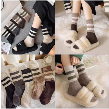 Set 10 Đôi Tất Nữ Cổ Cao Vintage Phối Kẻ Tone Nâu Mẫu Mới Siêu Hot Phong Cách Hàn