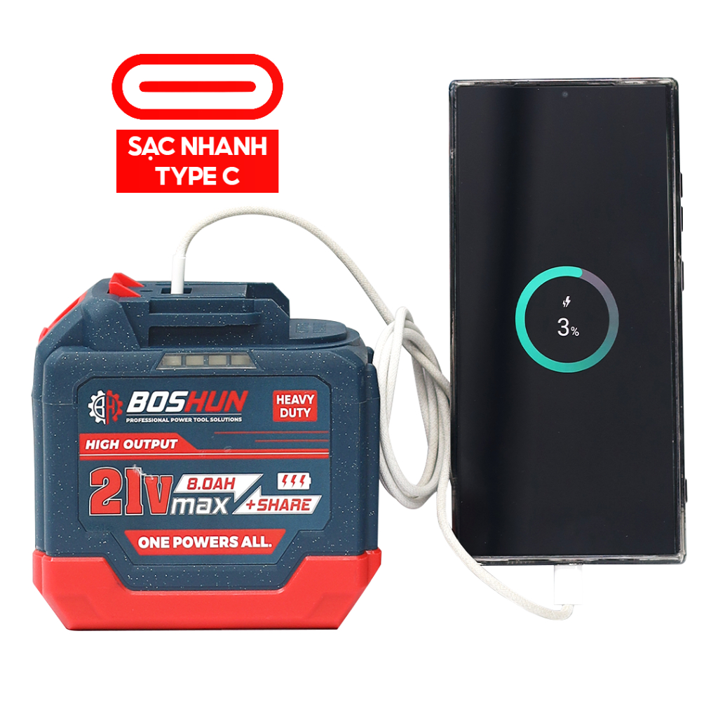[MỚI] Combo Pin + Sạc Nhanh 20Cell BOSHUN CB8000, Chân Phổ Thông M21, Dùng Máy Khoan, Bulong, Mài,...