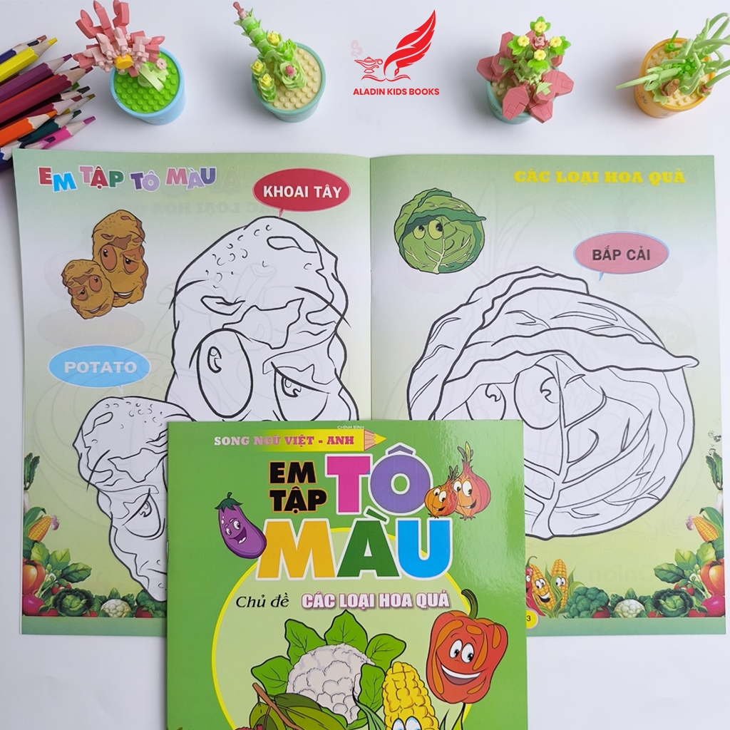 Sách Em Tập Tô Màu Song Ngữ Việt – Anh (4 Chủ Đề)  Động Vật, Hoa Quả, Giao Thông, Sinh Vật Dưới Nước