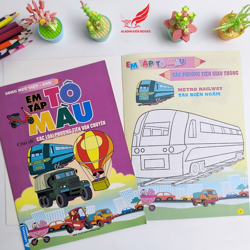 Sách Em Tập Tô Màu Song Ngữ Việt – Anh (4 Chủ Đề)  Động Vật, Hoa Quả, Giao Thông, Sinh Vật Dưới Nước