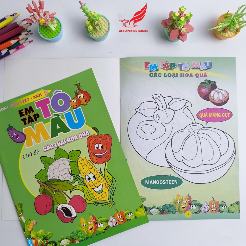 Sách Em Tập Tô Màu Song Ngữ Việt – Anh (4 Chủ Đề)  Động Vật, Hoa Quả, Giao Thông, Sinh Vật Dưới Nước