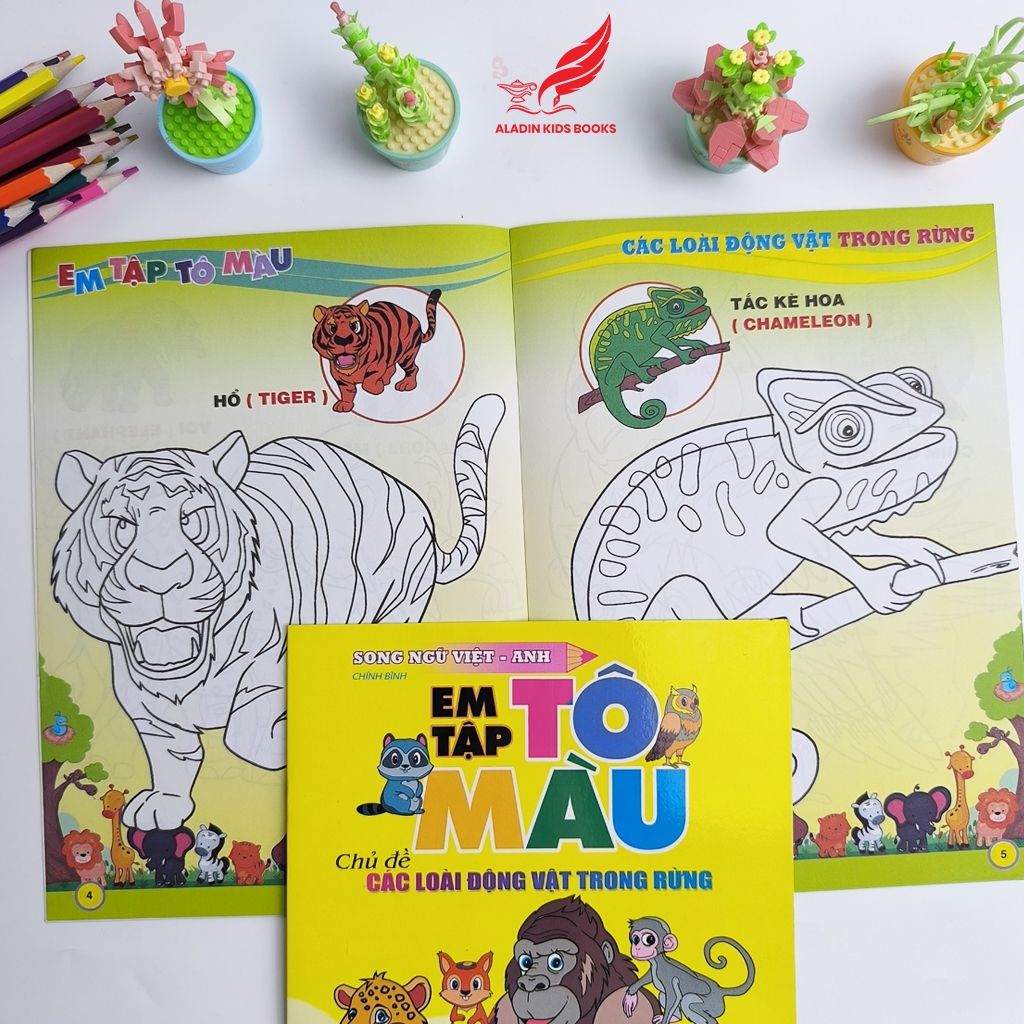 Sách Em Tập Tô Màu Song Ngữ Việt – Anh (4 Chủ Đề)  Động Vật, Hoa Quả, Giao Thông, Sinh Vật Dưới Nước