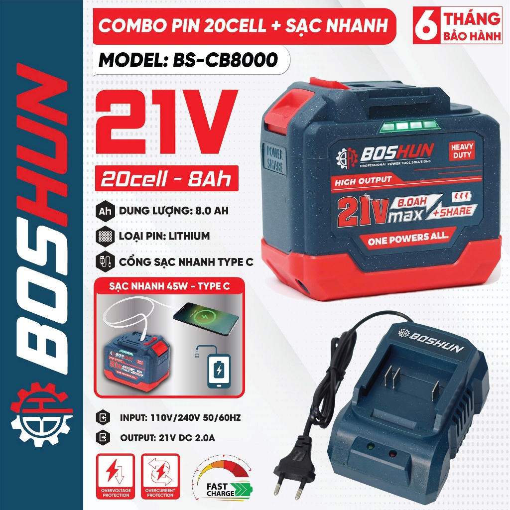 [MỚI] Combo Pin + Sạc Nhanh 20Cell BOSHUN CB8000, Chân Phổ Thông M21, Dùng Máy Khoan, Bulong, Mài,...