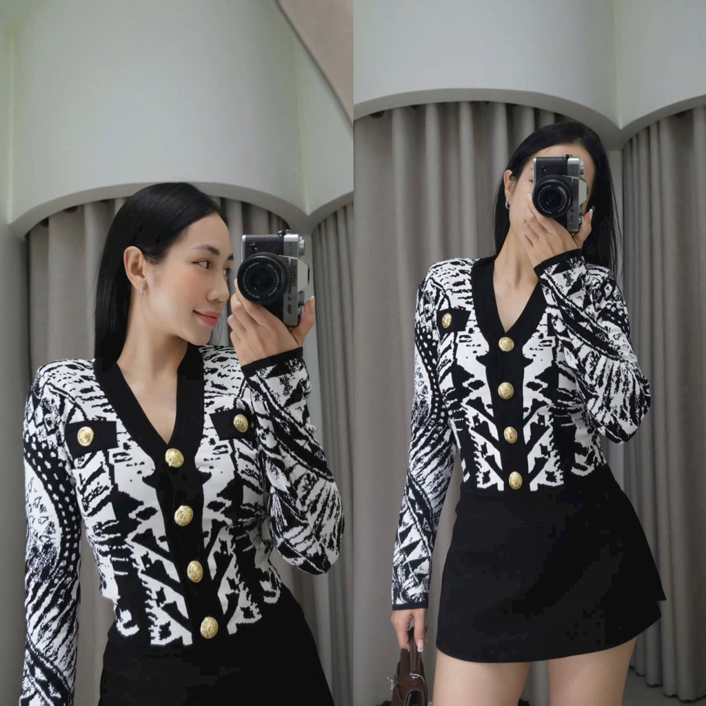 set áo len nút ziczac và chân váy maxi xếp ly dài