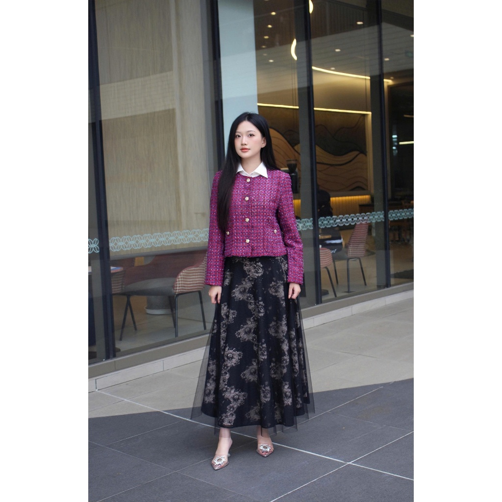 LABAVISTA Áo khoác tweed cổ tròn nút hoa xinh xắn phom tôn dáng sang trọng