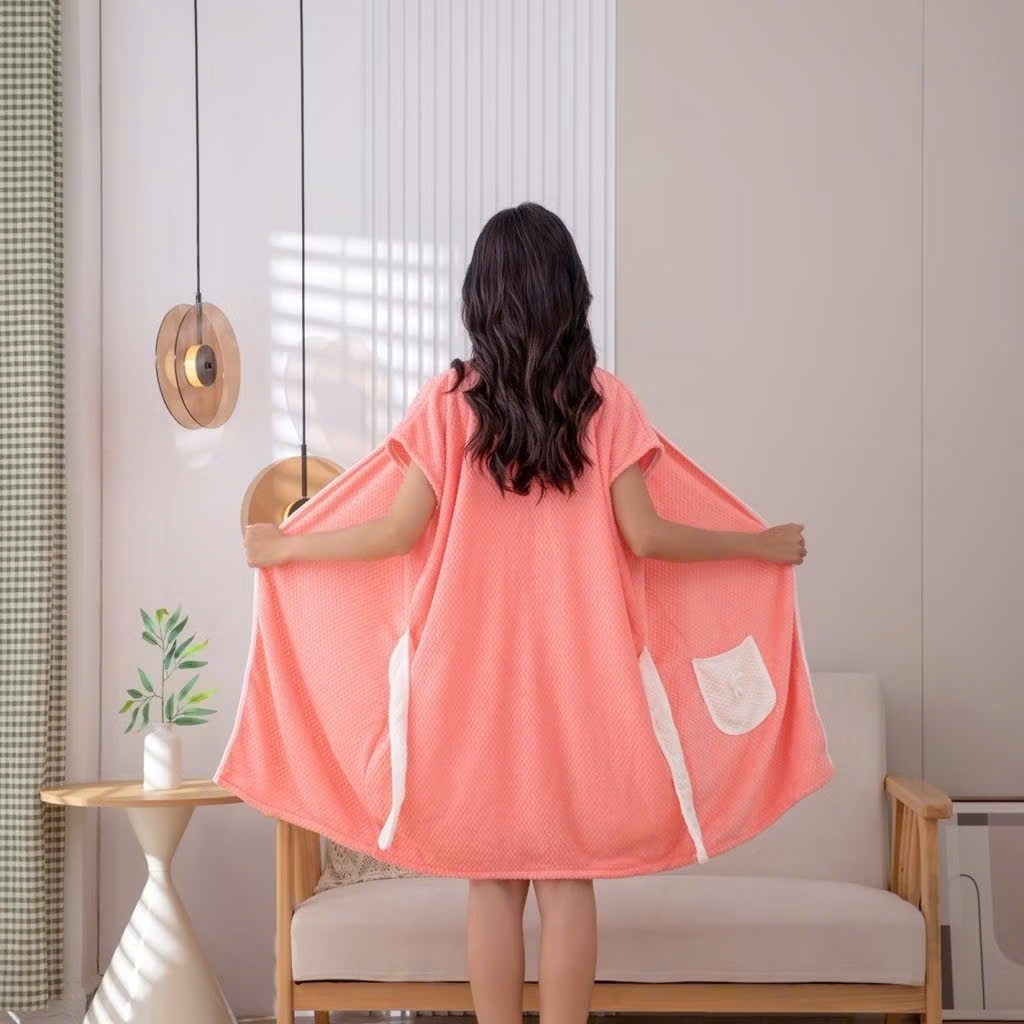 Áo Choàng Tắm Nữ Dáng Váy Dây Buộc Vải Coral Velvet, Thấm Hút Tốt, Nhanh Khô, Dáng Váy Buộc Dây Sang Trọng