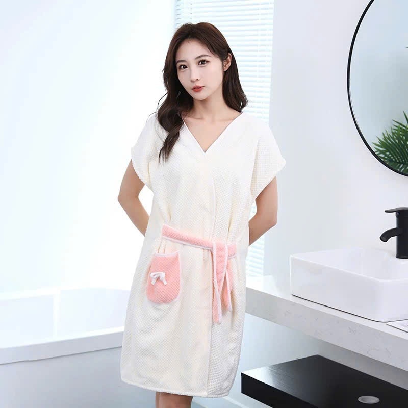 Áo Choàng Tắm Nữ Dáng Váy Dây Buộc Vải Coral Velvet, Thấm Hút Tốt, Nhanh Khô, Dáng Váy Buộc Dây Sang Trọng