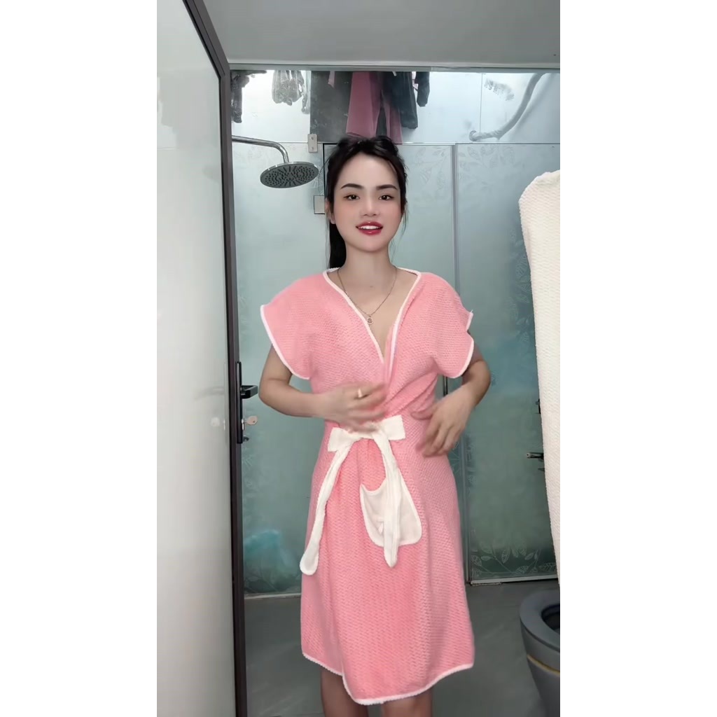 Áo Choàng Tắm Nữ Dáng Váy Dây Buộc Vải Coral Velvet, Thấm Hút Tốt, Nhanh Khô, Dáng Váy Buộc Dây Sang Trọng