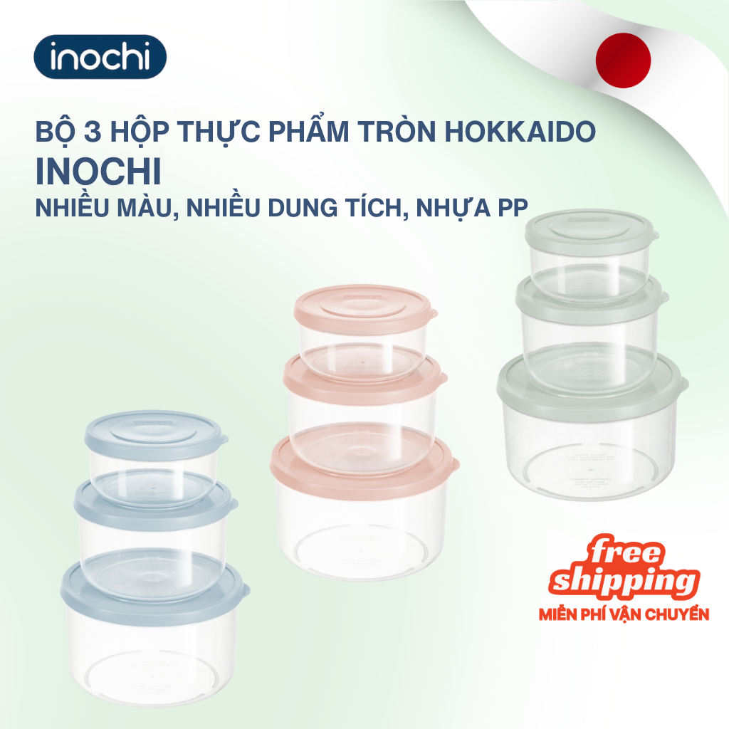 Bộ 3 hộp thực phẩm tròn Inochi - Hokkaido Bộ (500/1000/2000ml, 750/1500/2500ml Nhiều màu) - tiện lợi