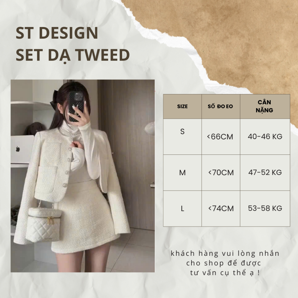 Set  dạ Tweed loại 1 QC  cúc ngọc đệm cầu vai mix chân váy nữa dáng A - ST Design - 45