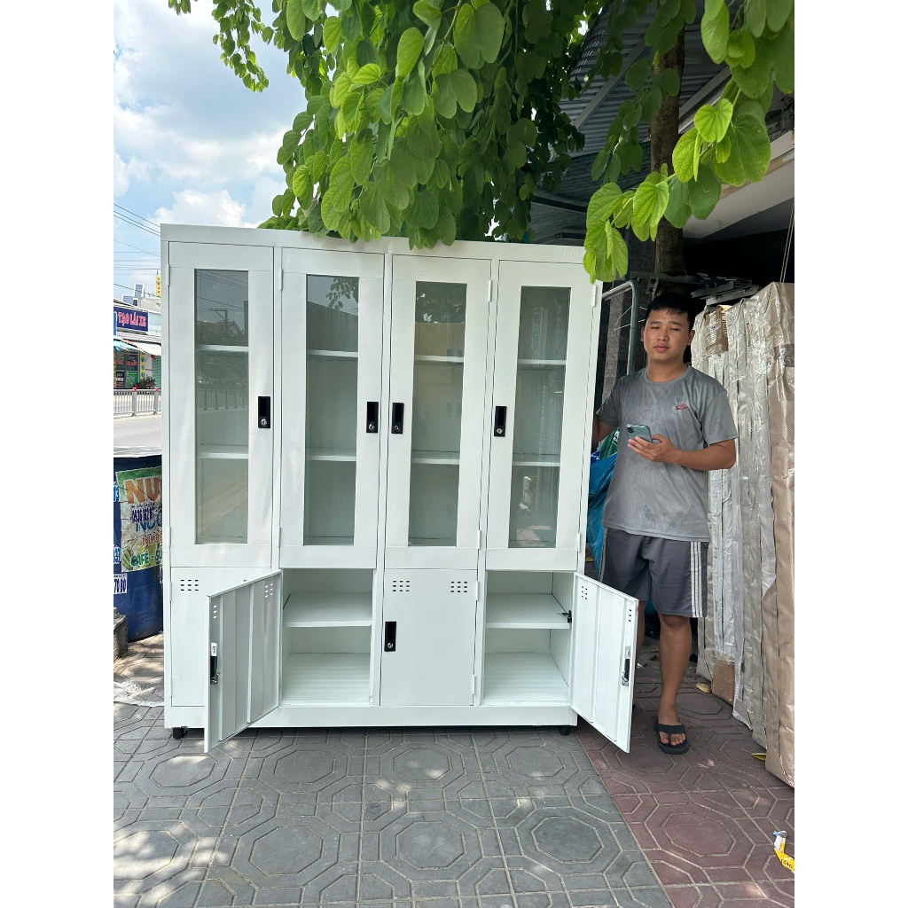 tủ hồ sơ kính màu trắng, sơn tĩnh điện cao cấp