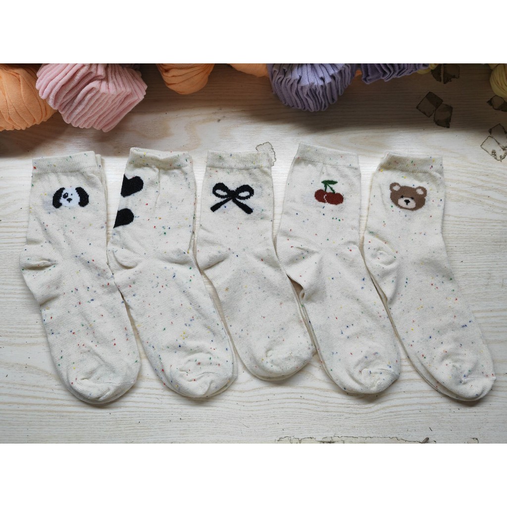 Set 10 Đôi Tất Cao Cổ Cao Nữ Màu Muối Tiêu Hình GẤU CHERRY Phong Cách Hàn Quốc