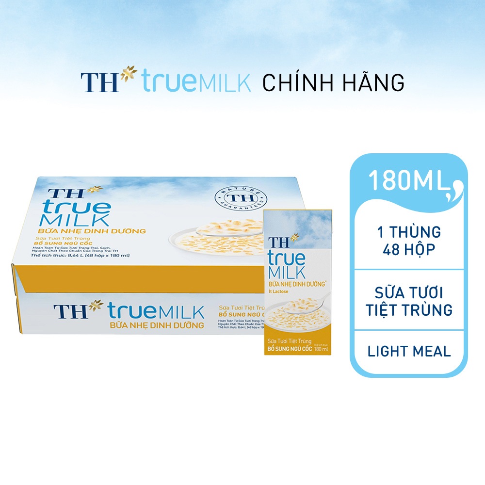Thùng 48 hộp sữa tươi tiệt trùng TH true MILK LIGHT MEAL bổ sung ngũ cốc 180ml (48H)