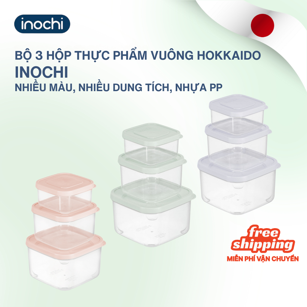 Bộ 3 hộp thực phẩm VUÔNG Inochi Hokkaido (500/1000/2000ml & 750/1500/2500ml), nhựa nguyên sinh an toàn, tiện dụng
