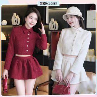 Set dạ nhũ nữ sang chảnh áo khoác croptop cúc lệch phong cách mix chân váy ngắn chữ A siêu xinh