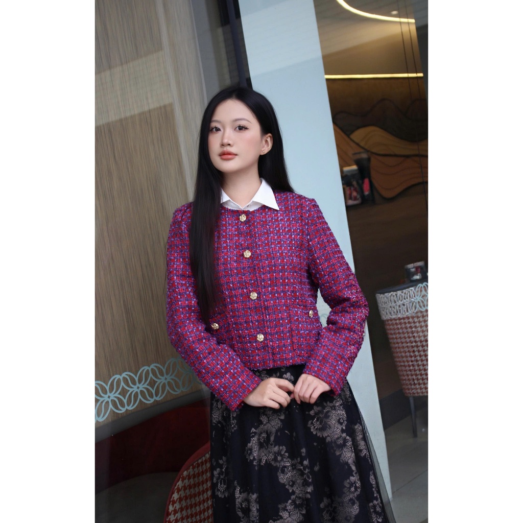 LABAVISTA Áo khoác tweed cổ tròn nút hoa xinh xắn phom tôn dáng sang trọng