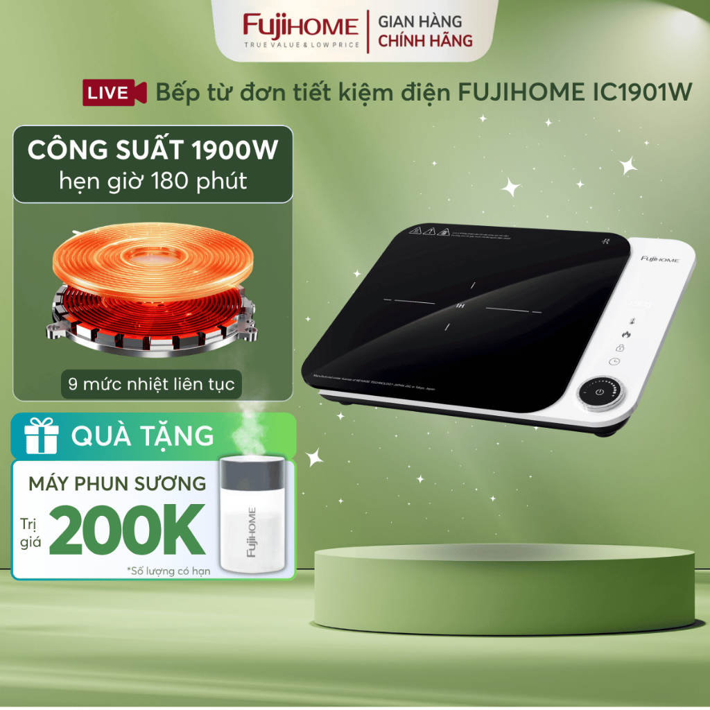 Bếp từ đơn Nhập Khẩu FUJIHOME IC1901W, bếp điện từ mini tiết kiệm điện nấu nhanh có hẹn giờ