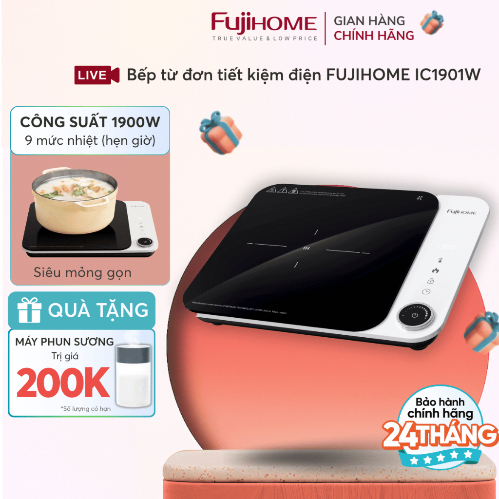 Bếp từ mini Nhập Khẩu FUJIHOME IC1901W, bếp điện từ đơn nấu nhanh công suất lớn tiết kiệm điện
