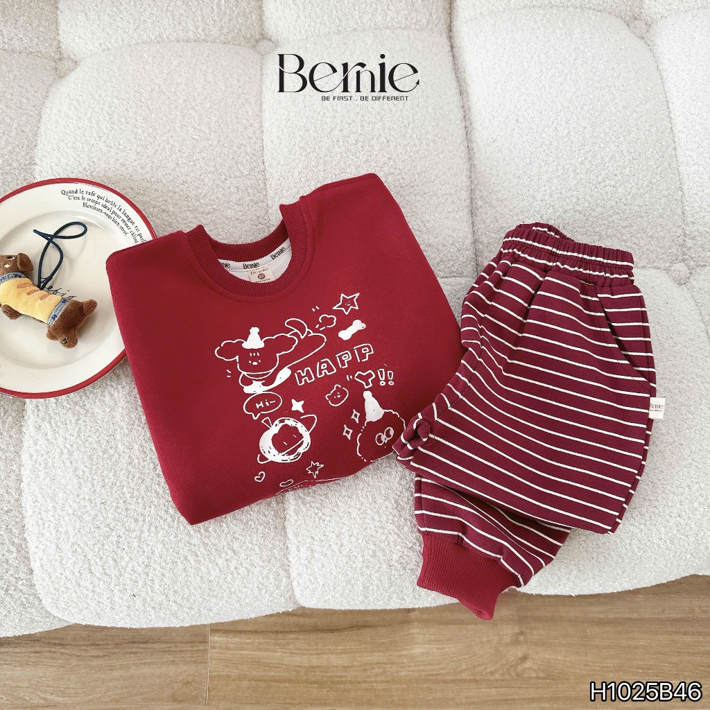 Bộ nỉ quần kẻ lucky dog cho bé, set bộ nỉ 2 da dày dặn fom dáng đẹp chính hãng bernie