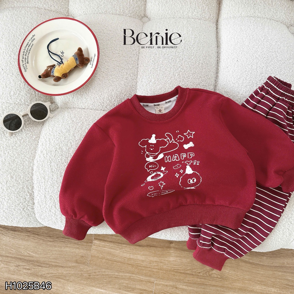 Bộ nỉ quần kẻ lucky dog cho bé, set bộ nỉ 2 da dày dặn fom dáng đẹp chính hãng bernie