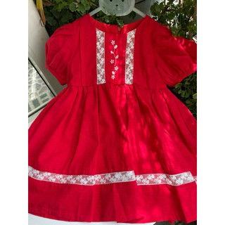 Váy babydoll bé gái linen viền ren – Đầm đỏ chụp hình, đi chơi cực xinh 10-40kg 1-10 tuổi