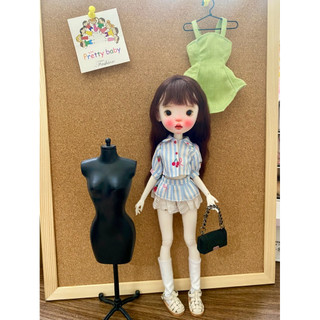 Set sơmi kèm váy sọc xanh size blythe,ob24,xinyi