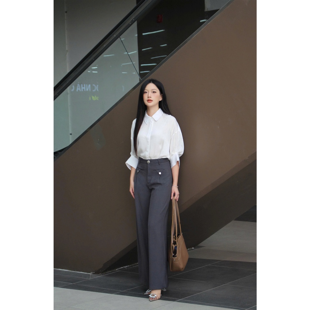 LABAVISTA Áo sơ mi nữ vải lụa gấm thiết kế tay cách điệu thời trang công sở thanh lịch trẻ trung