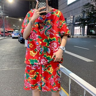 Bộ Quần Áo Thun Nam IN HOA CON CÔNG ĐỎ Áo Tay Ngắn Cổ Tròn Phối Quần Short Đùi KL2
