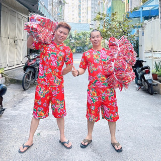 Bộ Quần Áo Thun Nam IN HOA CON CÔNG ĐỎ Áo Tay Ngắn Cổ Tròn Phối Quần Short Đùi KL2