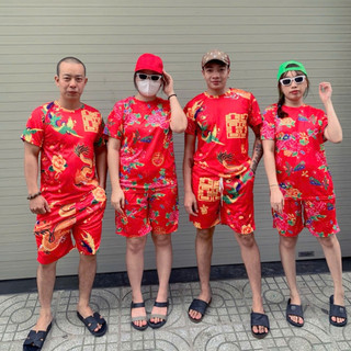 Bộ Quần Áo Thun Nam IN HOA CON CÔNG ĐỎ Áo Tay Ngắn Cổ Tròn Phối Quần Short Đùi KL2
