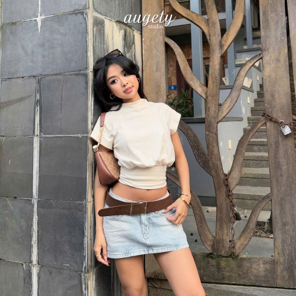 Áo Thun Nữ Tay Ngắn Dáng Phồng Nhún Eo Cổ Tròn Augety Studio AMI Top