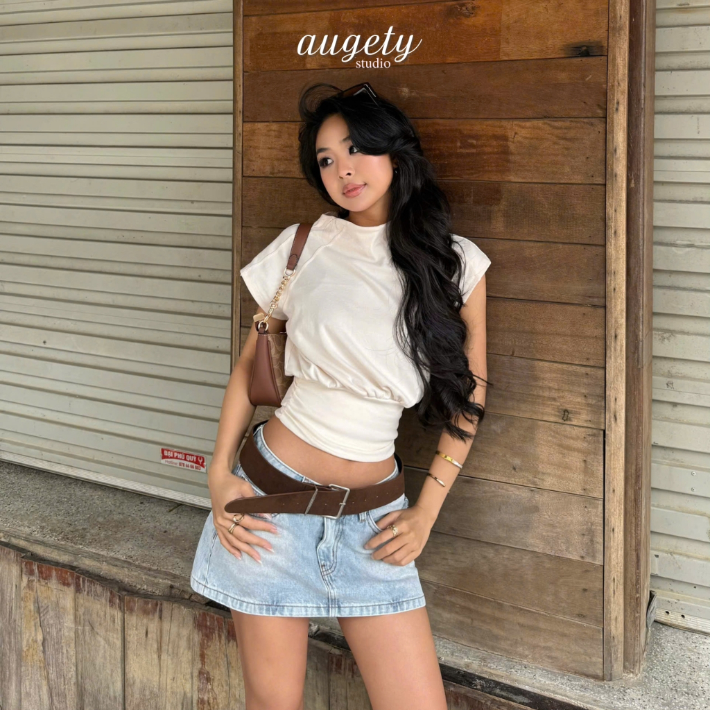 Áo Thun Nữ Tay Ngắn Dáng Phồng Nhún Eo Cổ Tròn Augety Studio AMI Top