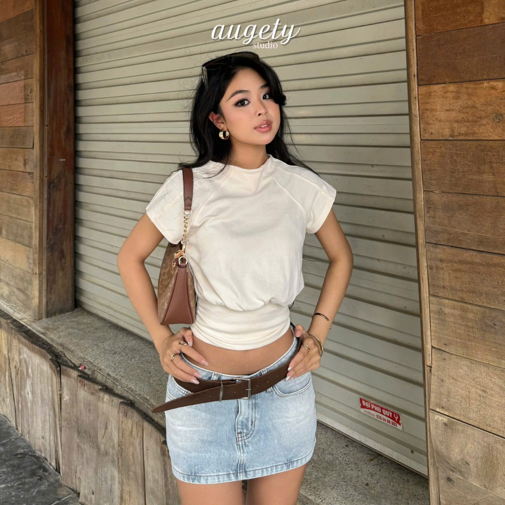 Áo Thun Nữ Tay Ngắn Dáng Phồng Nhún Eo Cổ Tròn Augety Studio AMI Top