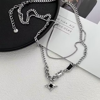 SNUOFO - Dây chuyền hình ngôi sao bốn cánh hai lớp dành cho nam, thích hợp để đeo cùng áo len cổ cao mùa thu đông