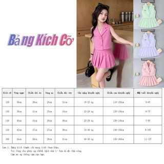 Bộ Set MớI Cho Bé GáI: ÁO KhôNg Tay Cổ Vest + ChâN VáY XếP Ly + Nơ, Set Set áO VáY