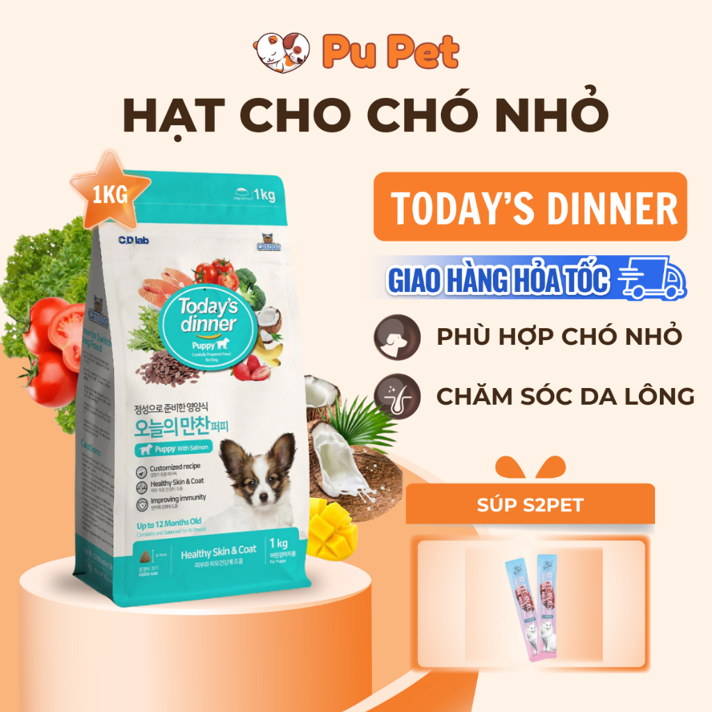 Thức ăn cho chó nhỏ Today's Dinner tiêu hóa tốt, da lông mượt, gói 1 KG