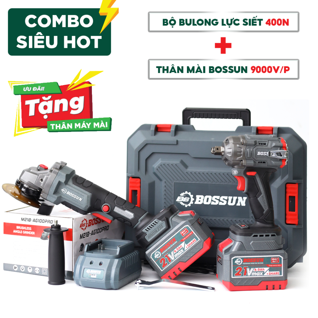 [Combo] Bộ máy siết Bulong Bossun M21B-IW400N + Thân Máy Mài Bossun M21B-AG100PRO