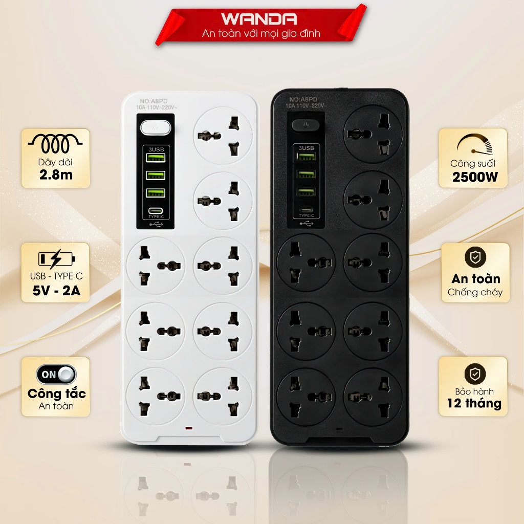 Ổ điện đa năng chính hãng WANDA 8 ổ 5 cổng USB 5V-2A, 1 cổng tyeC sạc nhanh PD,Chịu tải 2500W