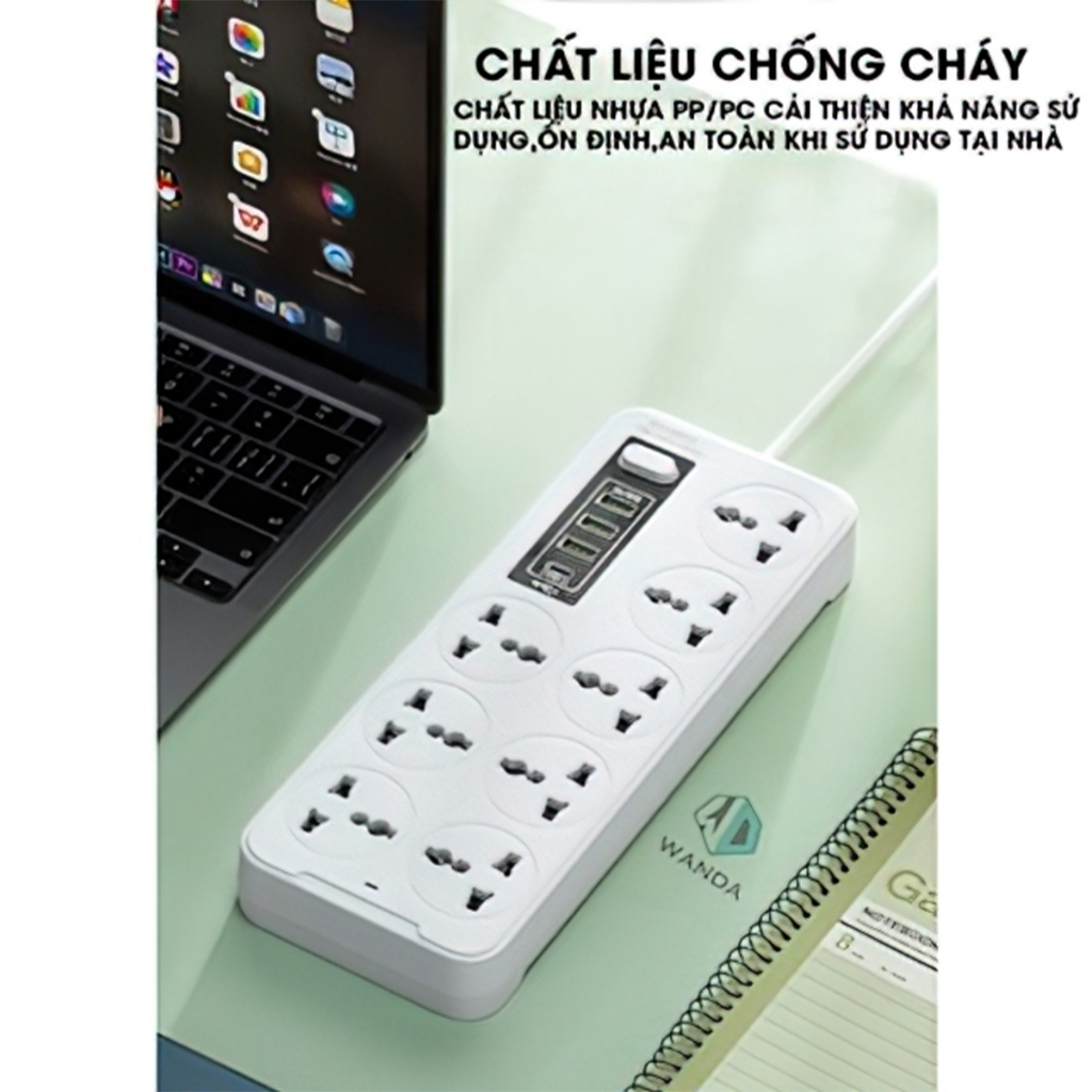 Ổ điện đa năng chính hãng WANDA 8 ổ 5 cổng USB 5V-2A, 1 cổng tyeC sạc nhanh PD,Chịu tải 2500W