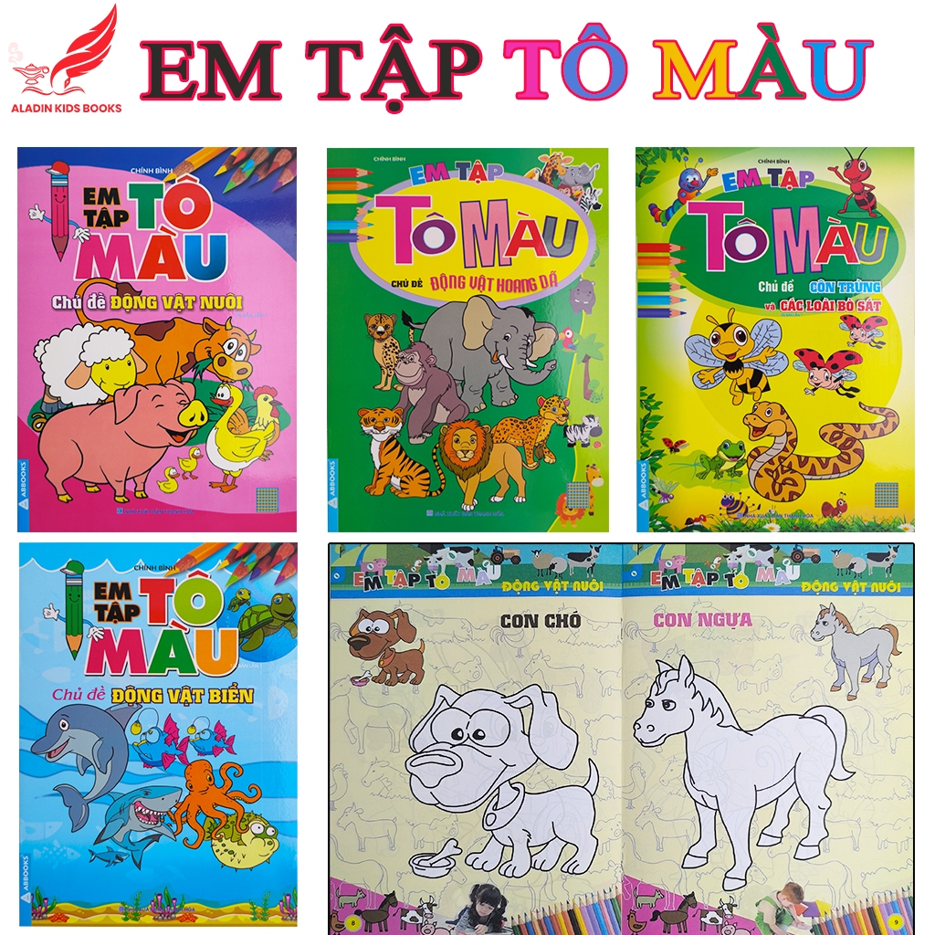 Sách Em Tập Tô Màu (4 Chủ Đề) – Động Vật Nuôi, Hoang Dã, Côn Trùng – Bò Sát, Động Vật Biển
