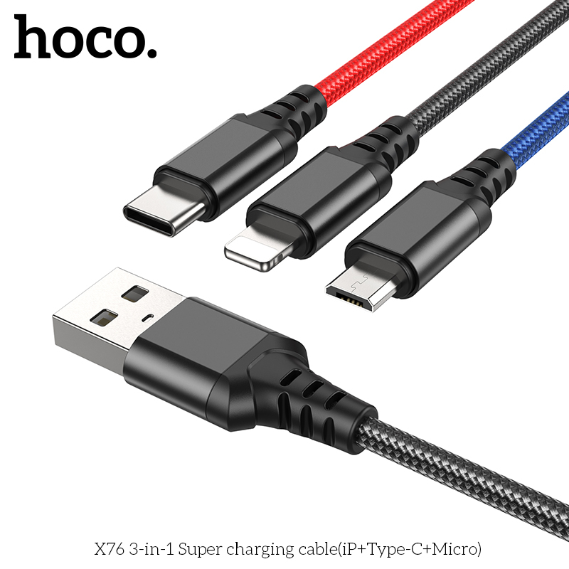 Dây Sạc 3 Đầu Sạc Nhanh – Dây sạc 3 trong 1 – Cáp Sạc 3 Đầu – 3 Màu X76, Sạc Nhanh, chống đứt