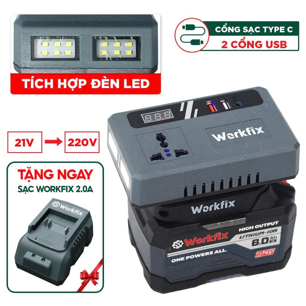 [UPDATE ĐÈN LED] Bộ Chuyển Đổi Biến Tần 220v Workfix WF-CD220PRO, Chuyển Từ Pin 12-18-21-24-36v Sang Điện