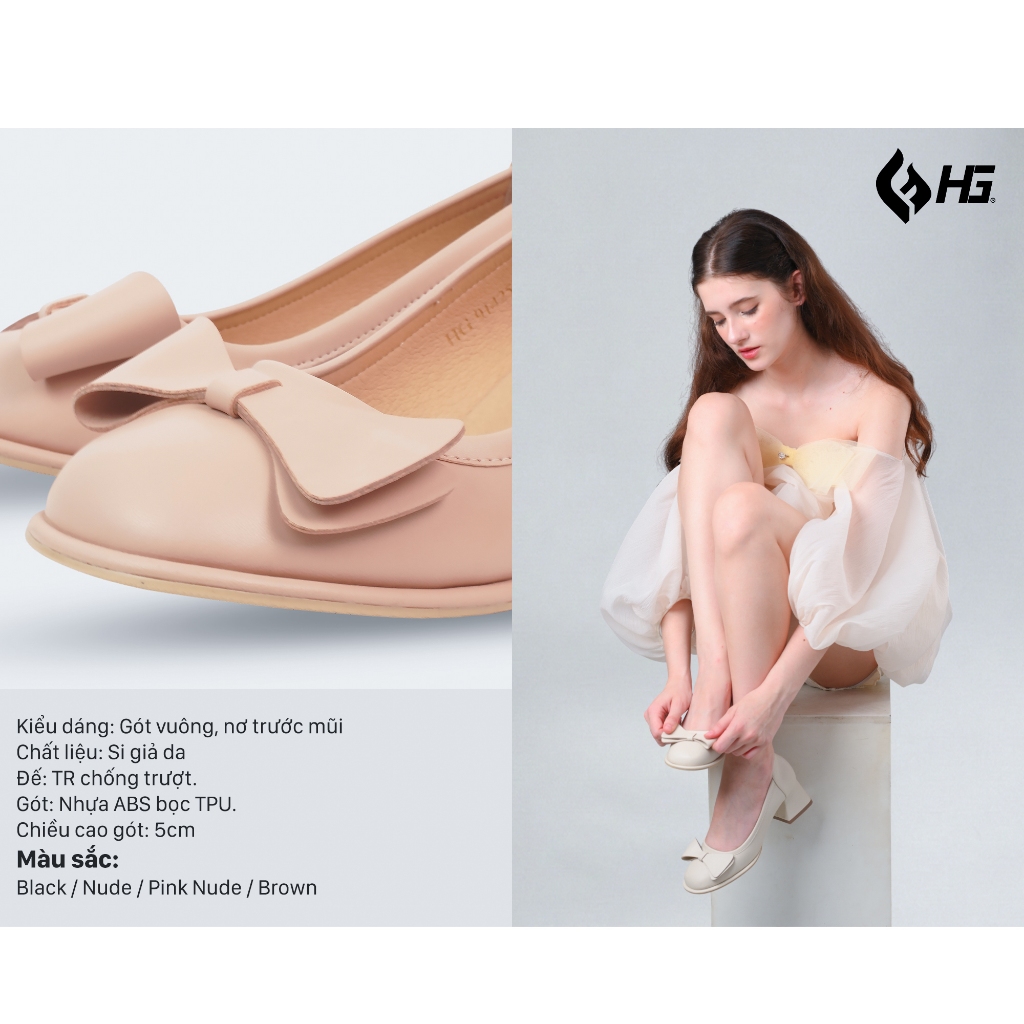 Giày cao gót nữ đính nơ gót vuông 5cm HG Fashion thanh lịch dễ phối đồ công sở HG91425