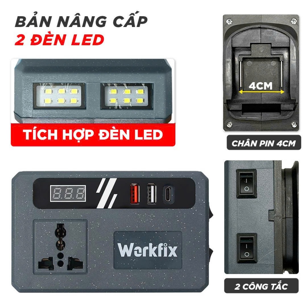 [UPDATE ĐÈN LED] Bộ Chuyển Đổi Biến Tần 220v Workfix WF-CD220PRO, Chuyển Từ Pin 12-18-21-24-36v Sang Điện