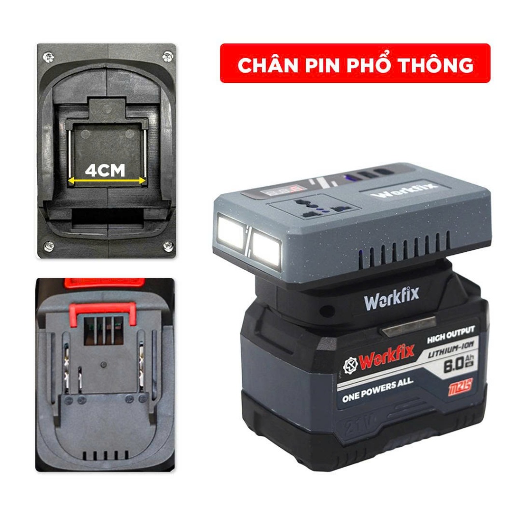 Bộ Đế Chuyển Tần Workfix WF-CD220PRO 2 Đèn Siêu Sáng  Biến 21V lên AC 110–220V + USB/TYPE-C