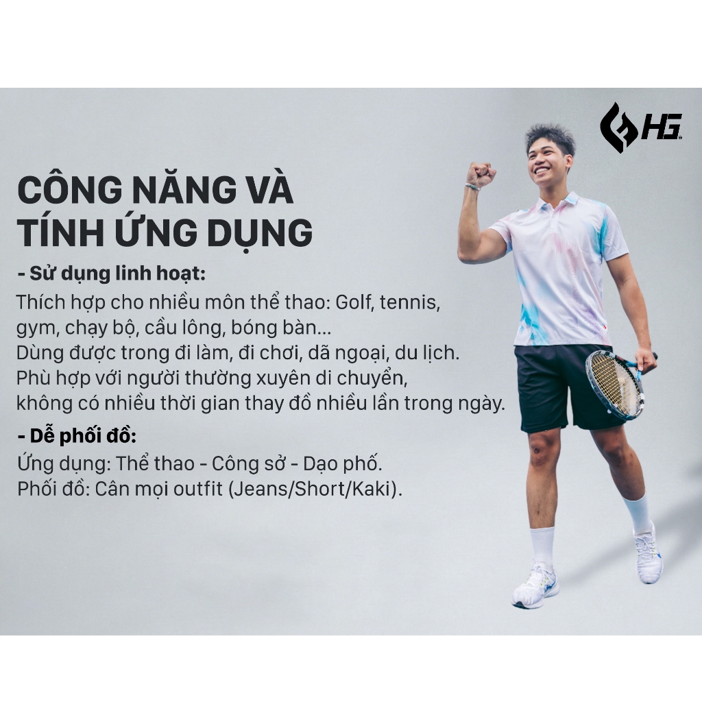 Áo polo thể thao nam HG thấm hút nhanh phù hợp chơi tennis golf pickleball thoáng nhẹ A25PO-1M.