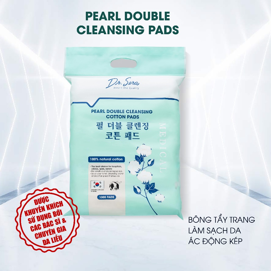 1000 miếng Bông tẩy trang dạng vuông cotton tiệt trùng UV lành tính cho da DR.SERA PURE SNOW COTTON PAD
