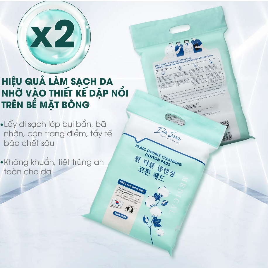 1000 miếng Bông tẩy trang dạng vuông cotton tiệt trùng UV lành tính cho da DR.SERA PURE SNOW COTTON PAD