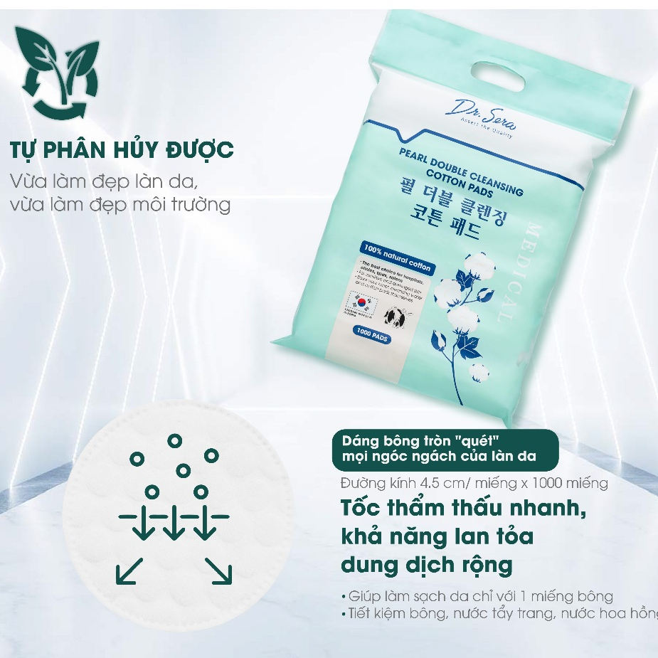 1000 miếng Bông tẩy trang dạng vuông cotton tiệt trùng UV lành tính cho da DR.SERA PURE SNOW COTTON PAD